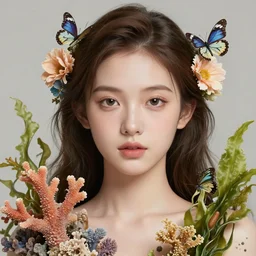 hyperrealistic detailed portrait of a girl, with flowers, butterflies, corals, sea kelp, sea plants, starfish, jellyfish, bacteria, skulls, golden filigree, art by ernst haeckel, john william godward, bosch, alphons mucha, pontormo, ornamental, decorative, art nouveau, lights by hopper, pastel colours,