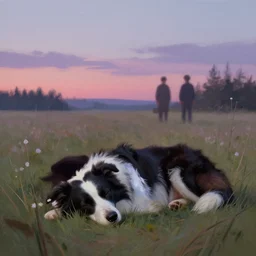 a border collie sleeping in an prairie, ethereal, at dusk, by james jean, by simon stalenhag, by geof darrow, by bill sienkiewicz, pastel shades, cinematic, cel shaded, pixiv