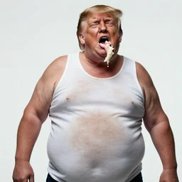 photo of obese trump wearing a dirty white tank top visibly drunk barfing