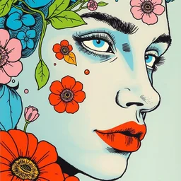 risograph grainy drawing protagonist face, pastel colors, with huge piersing, face covered with plants and flowers, by moebius and satisho kon and dirk dzimirsky close - up portrait, perfect blue, paprika