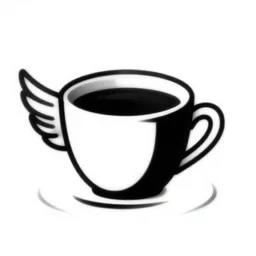 a logo cup of coffee with wings, black and white, lineart