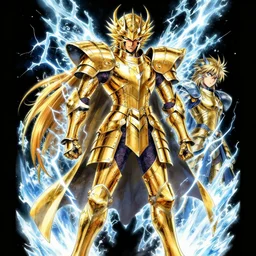 masami kurumada and callarin, a detailed description of gold saint, grim expression, full body gold armor, lightning + frost elements, japanese manga, manga poster, fine work, 8 k, hd, artgerm