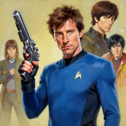 : aesthetic portrait commission of badass ZACHARY QUINTO SPOCK holding a ray gun + FUTURISTIC + wearing blue star trek suit + HYPERDETAILED + 2022 award winning painting + character design by charlie bowater + Ross tran + artgerm + makoto shinkai + UPSCALED