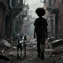 a dynamic long shot portrait of the silhouette of a black boy with an afro walking through a post apocalyptic alley with his cyborg dog, by simon stalenhag, dark and ominous, digital illustration, behance, rendered in unreal engine 5, rim lighting, volumetrics, ray tracing, 8 k, hd