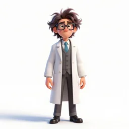 noble mad scientist with wild hair, stylized pixar-style 3d render, full body, standing, isolated on a pure white background, centered, whole figure in frame, sharp focus, studio lighting