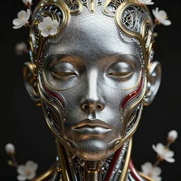 a melancholic realistic 8k Sculpture of a complex robotic human face, liquid simulation, dramatic lighting, silver gold red details, hexagonal mesh wire, filigree intricate details, cinematic, fleshy musculature, white blossoms, elegant, octane render, art nouveau, 8k post-processing, intricate artwork by bernie wrightson