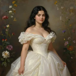 beautiful thirty year old woman with long black hair, tan skin, curvy hourglass figure, round cute face, slight resemblance to selena gomez wearing a modest disney princess gown in a field of flowers. beautiful painting by artgerm and greg rutkowski and lois van baarle and bouguereau