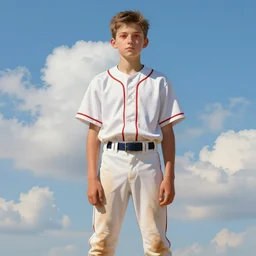 portrait of a young baseball player, 1 8 years old, correct body structure, blue sky and white clouds, red eyes, peaceful expression, detailed face, amazing, thighs, the feeling of summer, intricate, highly detailed, digital painting, artstation, concept art, sharp focus, illustration, art by greg rutkowski and alphonse mucha