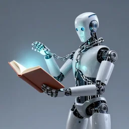 chained robotic humanoid reaching with a glowing book