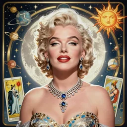 marilyn monroe portrait by louis - theophile hingre and alphonse mucha, realistic, sharp focus, zodiac signs, tarot cards, planets, ethereal, art nouveau, magic, moon, sun, smart, wisdom, royal, jewellery