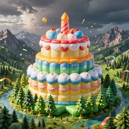 inflatable landscape with forest, river and mountains in the middle of the frame colossal balloon cake surrounded by colorful ribbons and party confetti , concept art, huge scale, high detail, sci fi by James Jean