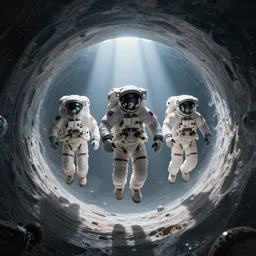 three astronaut in flying saucer traveling through worm hole, cinematic lighting, hyperdetailed, 8 k realistic, symmetrical, global illumination, radiant light, love and mercy, frostbite 3 engine, cryengine, doff, trending on artstation, digital art, crepuscular ray