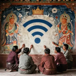 tibetan mural of people trying to figure out why the wifi isn't working