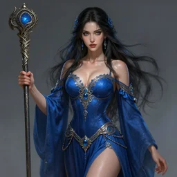 Rhianna as a sorceress , passionate , seductive, sweaty,  intricate dressed in ornate blue robes and staff,  intricate,  highly detailed, digital painting, artstation, concept art, smooth, sharp focus, illustration, Unreal Engine 5, 8K, art by artgerm and  greg rutkowski and alphonse mucha
