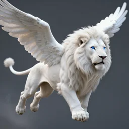 Winged flying Majestic White Lion in the style of Anna Lakisova, blue-eyes, Digital Art, Matte painting, volumetric lighting, 8k resolution, octane rendering, unreal engine
