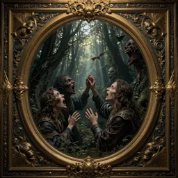 massive scale, super detailed, abomination, gloomy, mirror, dark, emotional fantasy illustration, insanely detailed, in a deep forest, intricate, god rays, excitement, renaissance, hypermaximalist, ornate, luxury, elite, horror, creepy, ominous, haunting, matte painting, jeremy mann, nick alm, exquisite detail, dark muted colors, top light, cinematic, art deco border, golden ratio