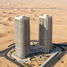 parametric structure, 2 residential towers, in the desert beside the gulf, view from above, design by peter zumthor, dezeen, architectural photography