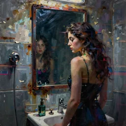a beautiful glitched painting by robert proch and christian hook of a woman in a bathroom mirror, metal rust and plaster materials, brushstrokes by jeremy mann, still life, dark colors