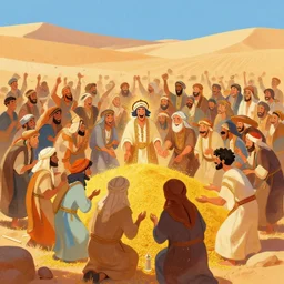 detailed digital painting of a crowd of happy jews in the desert harvesting!! manna, yellow orange and blue color scheme, by sherree valentine daines and ross trann, trending on art station 8 k
