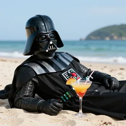 darth vader laying on the beach drinking a cocktail