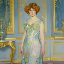 a girl in a blue and gold ivory room, film still by goya, by koloman moser, elegant drawing, digital painting, jugendstil, art noveau, strong lights, flat colors, pastel colors