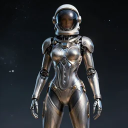 ornate beautiful hourglass feminine titanium cyborg in full body skin space suit, helmet, concept art, joshua rife, photoshoot, intricate, highlydetailed, space background, artstation 4 k raytracing, shadows, highlights, illumination