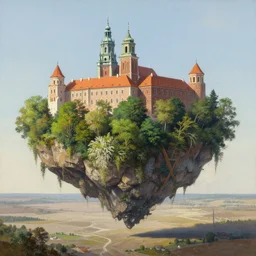 greg rutkowski painting of an island flying in the air above a barren wasteland, on the island there is a cracow wawel castle and a lot of green vegetation, beautiful, detailed