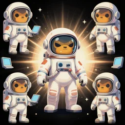 pattern with bored apes in astronaut suits and computers, mild colors, black background