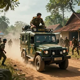 a militarized police vehicle riding through a kerala village, troops searching the area, furious action scene, an epic fantasy, dramatic lighting, cinematic, establishing shot, extremely high detail, photorealistic, cinematic lighting, tending on artstation, matte painting, octane render, by simon stalenhag, shadow of the tomb raider, aesthetic