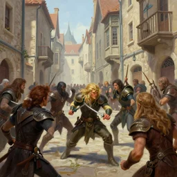 an exciting fantasy street battle within a fascinating old city, narrow streets, old buildings, by Sylvain Sarrailh and Sebastian Luca,  cinematic, simple but effective composition, clean lines, beautiful digital painting, oil painting, great character design, dungeons and dragons, lord of the rings,  close up character, fantasy races
