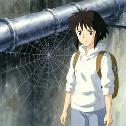 anime movie scene, mamoru oshii, otomo, ultra wide, vanishing point, hoody woman explorer, watercolor, spiderwebs, arachnophobia, dripping, sewer pipe entrance, giant spider forground, sun beam, dusty volumetric light, back lit, paper texture, puddles, deserted shinjuku junk, brutalist, golden ratio