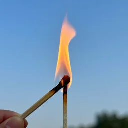 burning match held against western skies, blowing fire, summertime