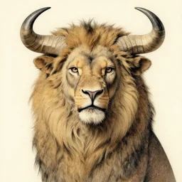 a creature with the body and eyes of a man, beak of an eagle, the mane of a lion, two horns of an ox on the head. drawn by gil elvgren