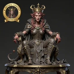 a demon with a crown sitting on top of a table, a character portrait by vladimir kush, zbrush central contest winner, fantasy art, zbrush, dystopian art, rococo
