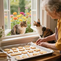 cat looking at a freshly baked cookie, grandma working to bake more cookies, warm colors, friendly, an open window provides view outside towards colorful flowers