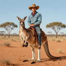 a full body portrait of a cowboy riding kangaroo, finely detailed features, perfect art, in australia desert artwork by gaston bussiere, craig mullins, trending on artstation