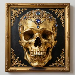ornate gothic gold skull painting covered in jewels