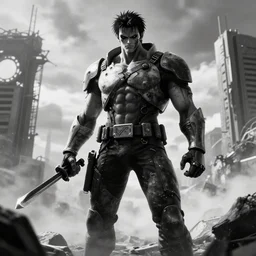 giga chad kenshiro, post apocalyptic, black and white colors