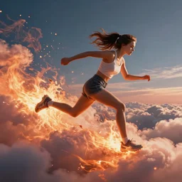 running and falling on burning clouds, 4k, post-processing, detailed, artstation