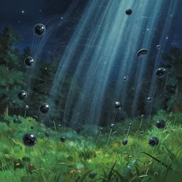 a gaggle of little black bubbles swirled, windblown, across the grass under the trees and stars these machine organisms swirled and swooped, to insert a slender probe or proboscis into the ground by dan mumford, yusuke murata, makoto shinkai, ross tran, cosmic, heavenly, god rays, intricate detail, cinematic, cel shaded, unreal engine, featured on artstation, pixiv