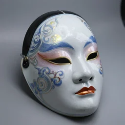 an ornate porcelain geisha mask, reflective textures, cyberpunk glow, studio light
