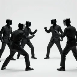 ai fighting against men in black suits with black bioluminescent cubes as heads