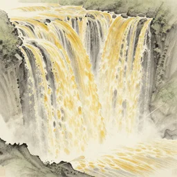 an endless waterfall, golden colour splash, painted with a thin brush, detailed sumi-e illustration