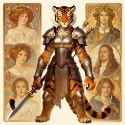 female warrior in furry tiger armor character. Renowned character illustration by greg rutkowski, thomas kindkade, alphonse mucha, loish, norman rockwell. Trending on artstation.