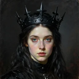 The portrait of Hunter Schafer in black wax crown by John William Waterhouse, dark fantasy, witcher, very detailed oil painting, masterpiece, 8k