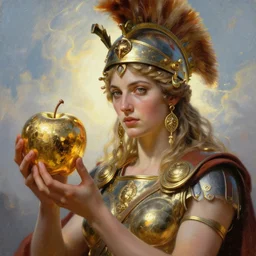 battlefield of trojan war, closeup portrait of eris discordia, holding reflective gold!!! metal apple, goddess of chaos, fantasy character portrait, trojan horse, ultra realistic, wide angle, intricate details, artifacts, luminous skies, michael cheval, peter mohrbacher, boris vallejo, jessica rossier, oil painting, highly detailed, cinematic lighting, unreal