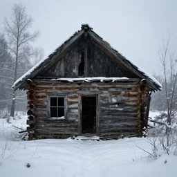 a photo from inside an abandoned log cabin, winter, thick snowfall, ominous, eerie