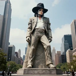 extremely massive 3 d stone statue landmark of michael jackson billie jean pose with hat tower over new york city full wide shot, full body, massive motion blur, real life, spotted, leaked, ultra realistic, accurate, sighting, 4 k, movie still, uhd, sharp, detailed, cinematic, render, modern