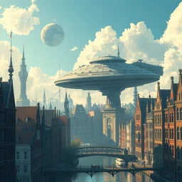 city of amsterdam, millennium falcon in the sky, natural lighting, dreamy, on magic mashroom trip, intricate details, matte painting, illustration, by hayao miyazaki