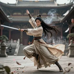 An epic fantasy comic book style portrait painting of a female wuxia sword dance Chinese costume , long hair, smoke, feathers flying, flowers rain everywhere, full body XIANXIA, Chinese temple, depth of field, 4k
